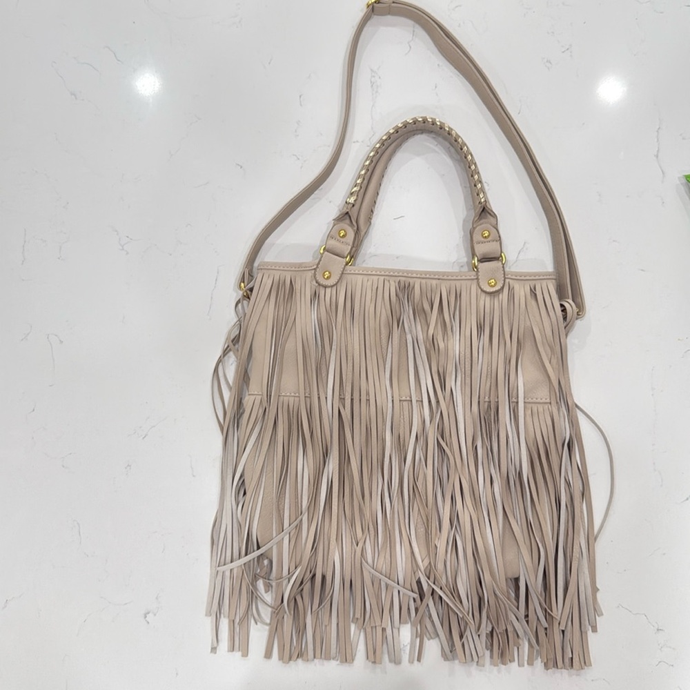 Fringe tote bag with long strap and handles